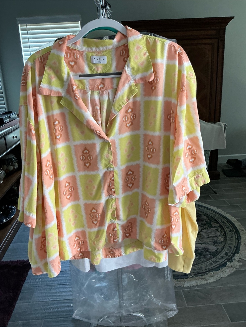 Piyama Pastel Check Button-Up Shirt - Peach & Lemon.  XXX. LARGE
